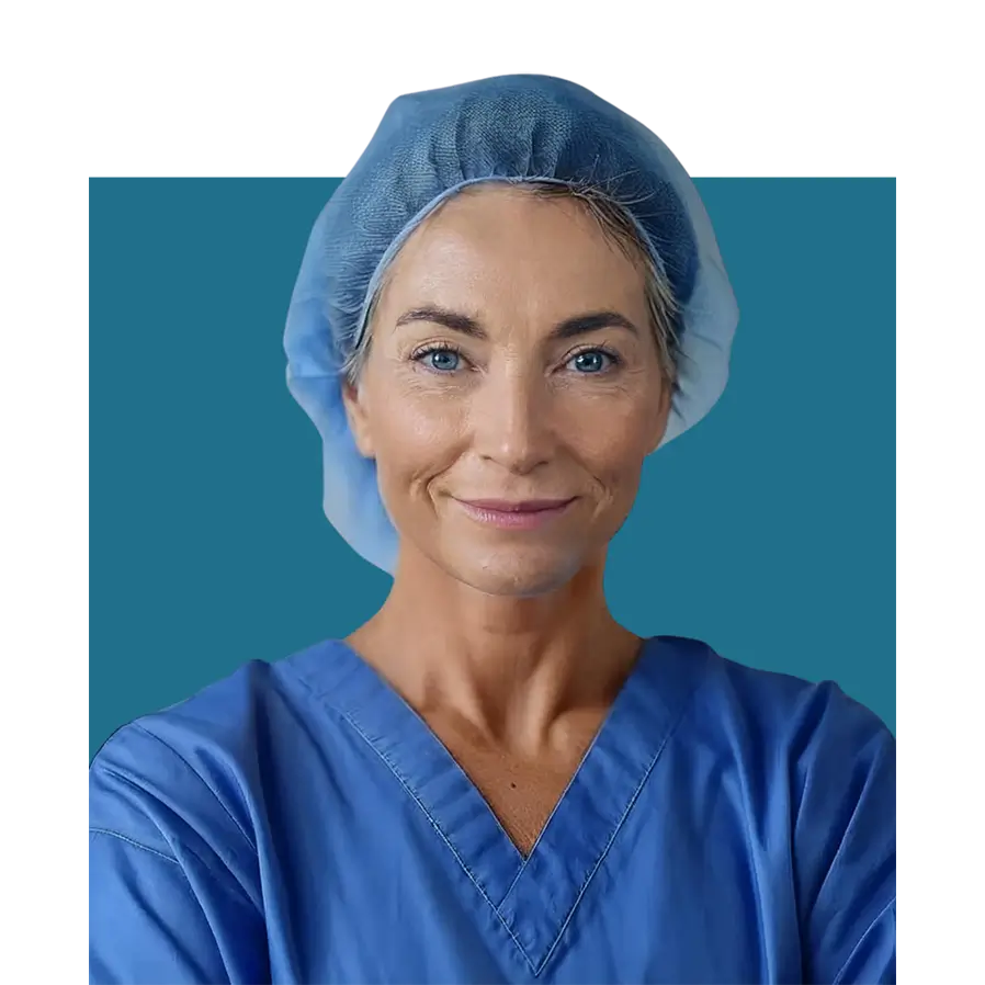 A woman wearing scrubs and a hat, ready for work in a medical or healthcare setting.